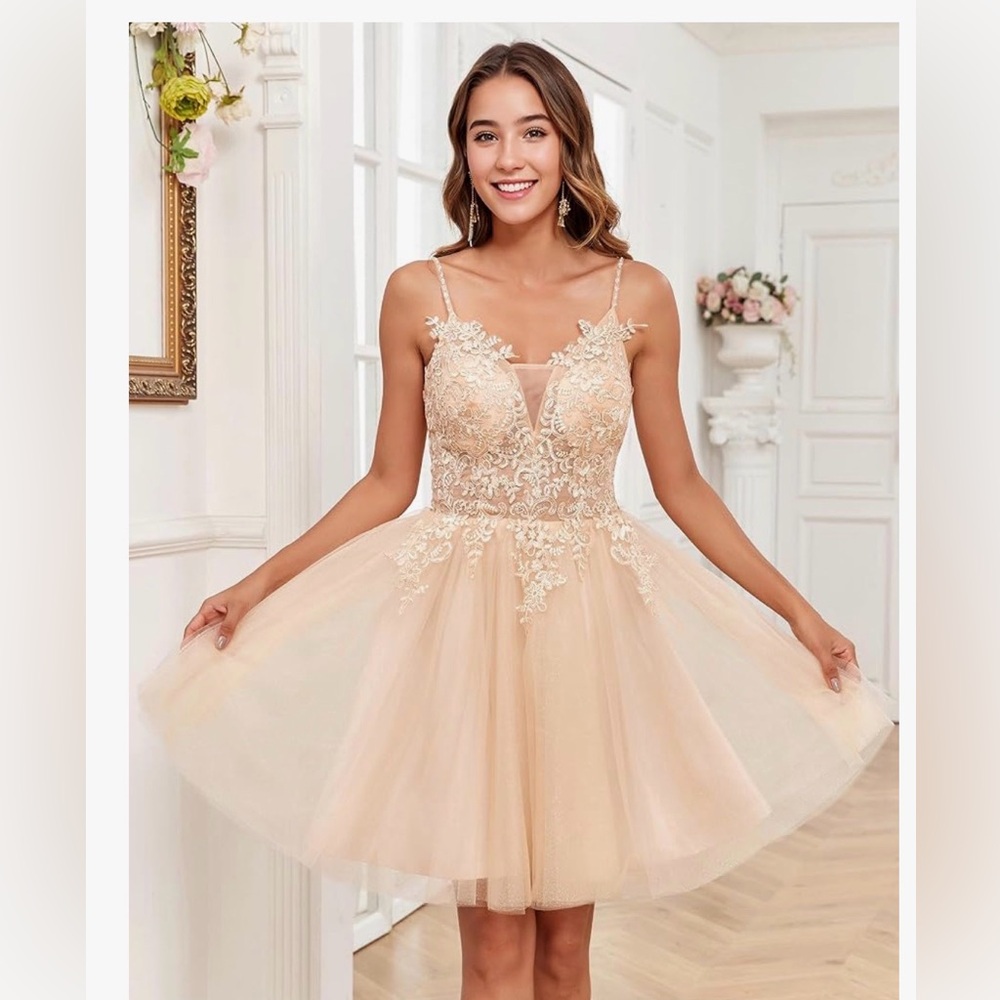 Blush Lace Appliqué Tulle Spaghetti-Strap Dress